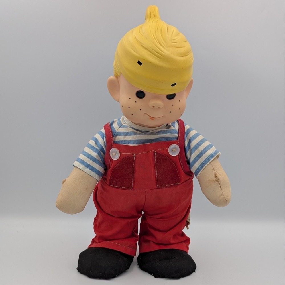 Vintage Knickerbocker Dennis the Menace Plush Doll Red Overalls Vinyl Head 14"